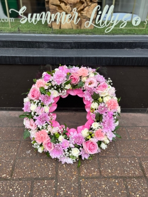 Pretty pink and white ribbon wreath